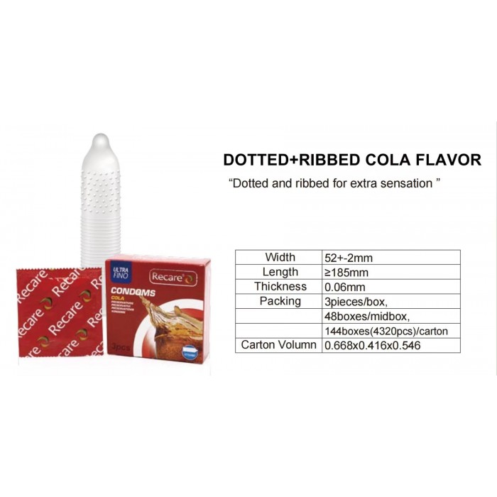 Презервативи Recare Cola Dotted&Ribbed Condoms 3 шт, з пухирцями та ребрами, аромат: Кола