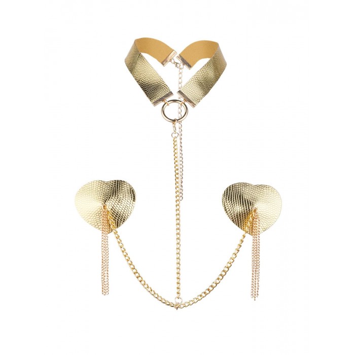 Пестис-сердечка з пензликами та чокером JSY Nipple Sticker RT236114 Golden