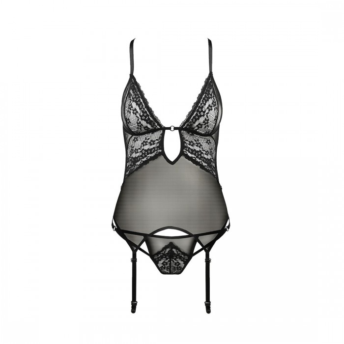 Корсет з декольте Passion ERZA CORSET S/M, black, пажі, трусики, напівпрозорий