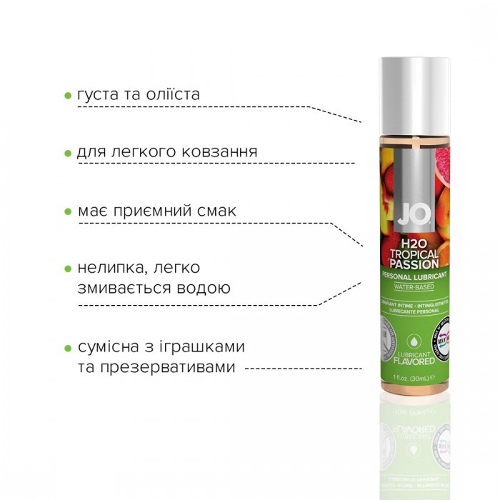 Змазка на водній основі JO H2O — Tropical Passion (30 мл) без цукру, рослинний гліцерин