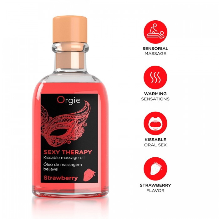 Набір для масажу Orgie – Sexy Therapy Strawberry (100 мл), їстівна розігрівальна олія + пір’їнка